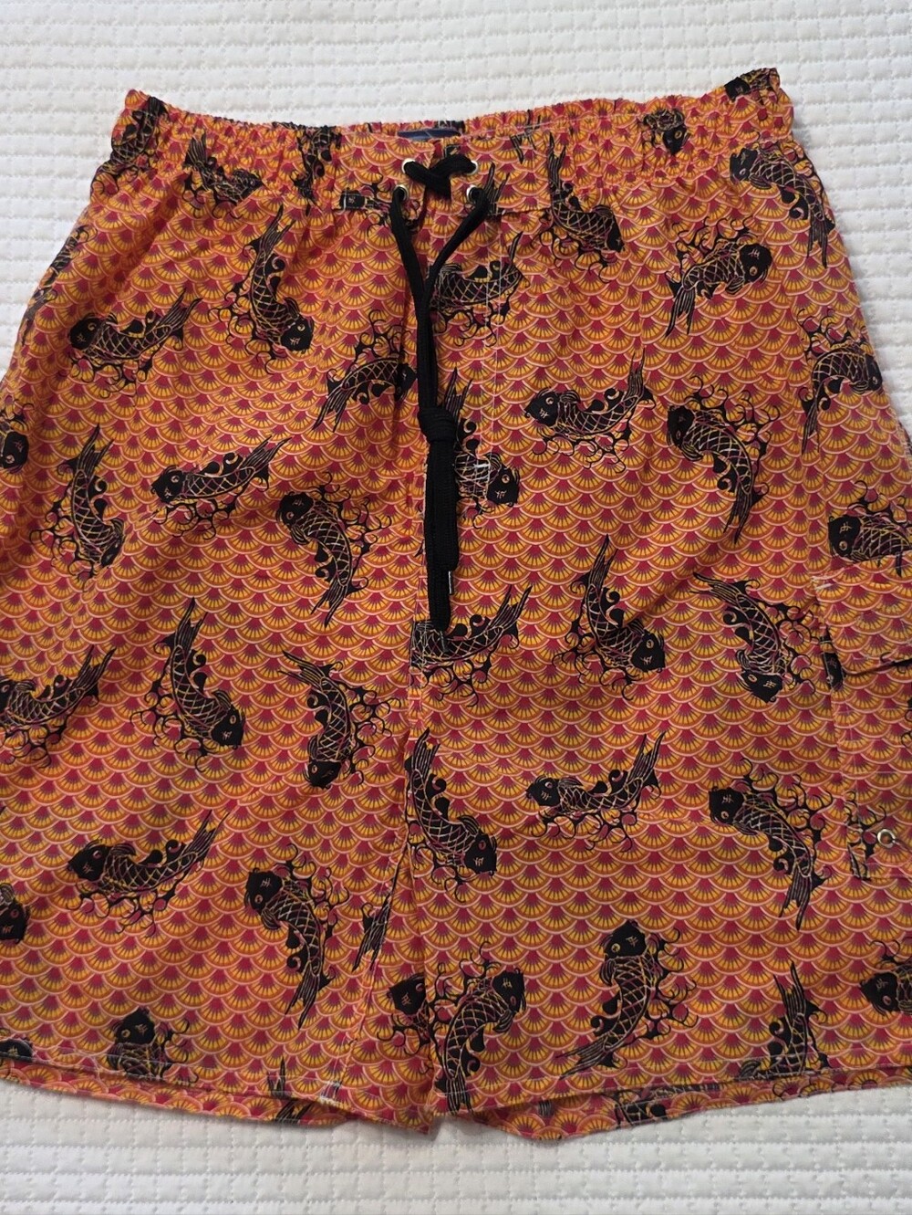 Liquid Wave Vibrant Orange Koi Print Drawstring Men's Board Swim Shorts